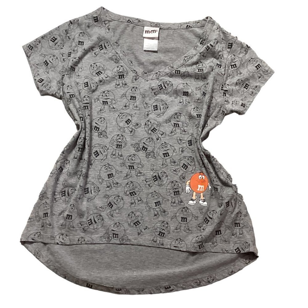 M&M Novelty Graphic Tee Short Sleeve‎ V-Neck Hi-Low Sz XL Gray Orange 159F